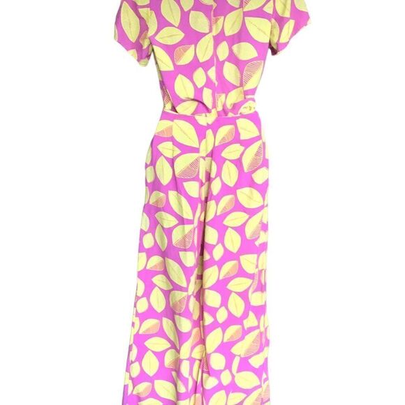 High Waist Wide Leg Pants & Short Sleeve Shirt Set Light Pink Leaves Det… - Picture 8 of 11